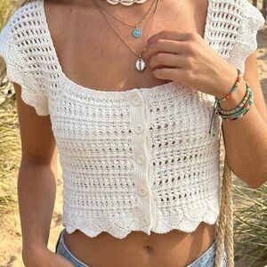 White Crochet Button-Front Crop Top